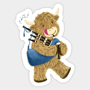 Wee Hamish The Happy Scottish Highland Cow Plays His Bagpipes Sticker